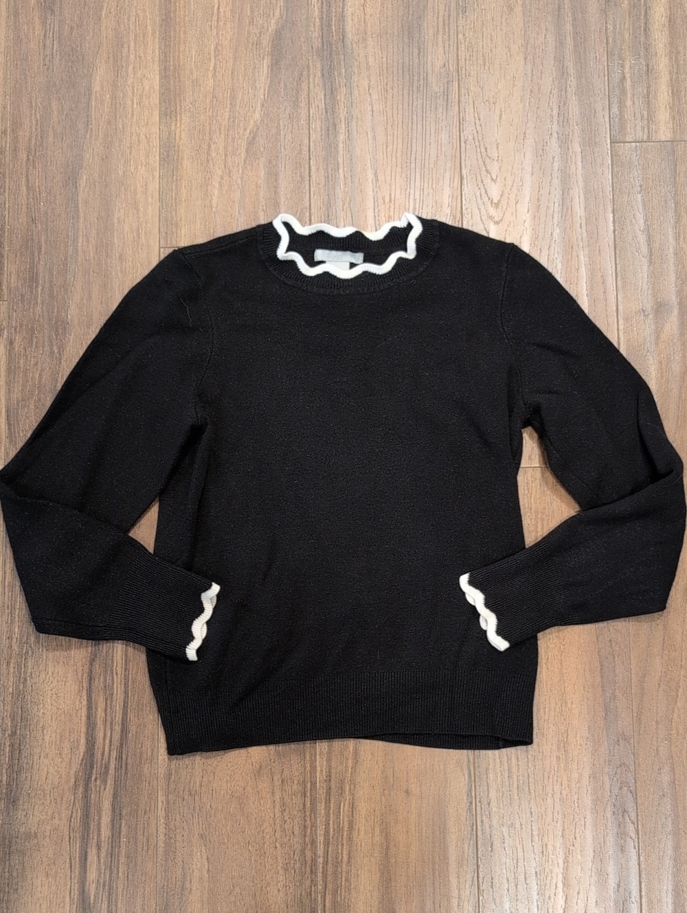 H&M Black Crewneck Sweater with White Scalloped Trim